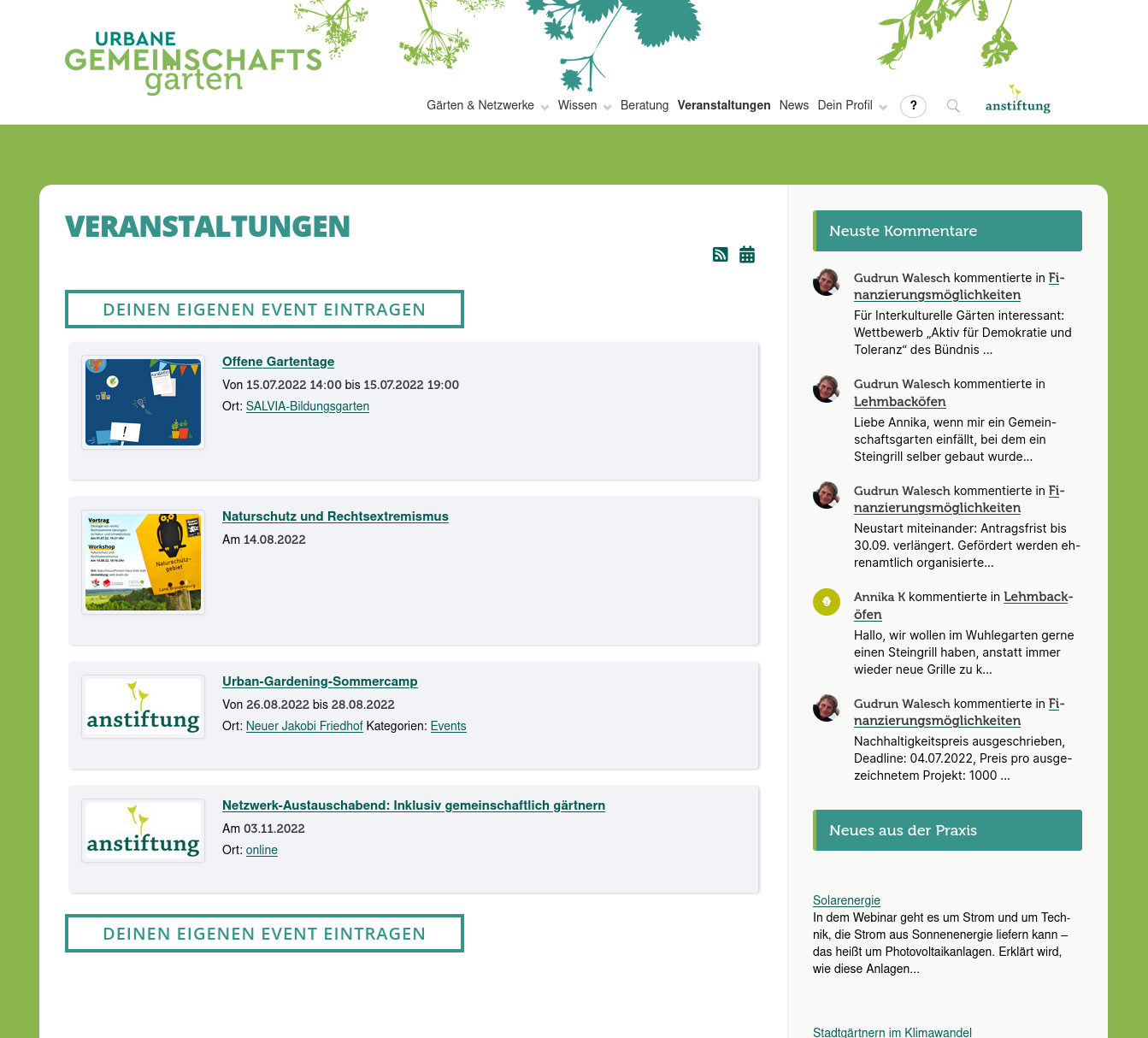 Screenshot Veranstaltungen-Üebersicht eingeloggt
